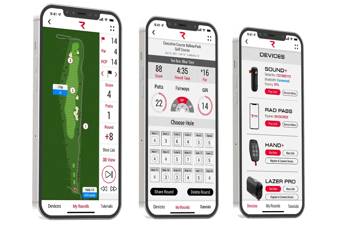 The Rad Golf app on three phones: hole view, round scorecard, and connected devices.