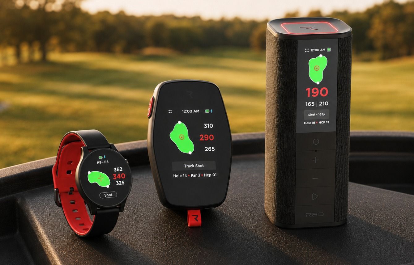 The three Rad devices on a golf cart tray: Watch+, Hand+ and Sound Pro.